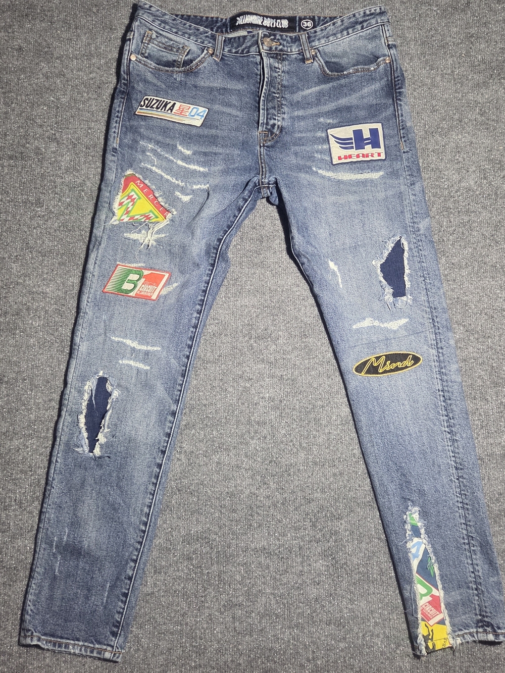 Billionaire Boys Club BBC Jeans 36 Men Racing Patch Distressed Astronaut Logo